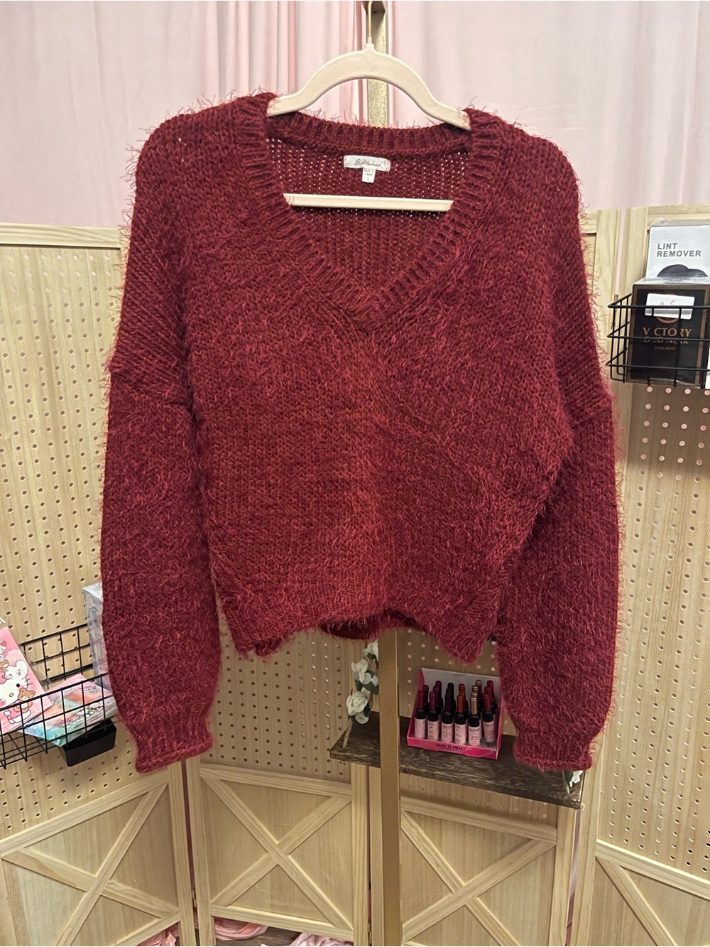 Cozy V-Neck Burgundy Fuzzy Sweater - Beltaine